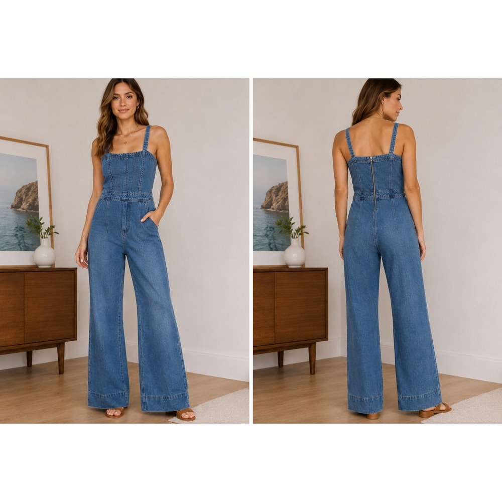 Sincerely Jules Denim Jumpsuit Medium Wash Wide Leg Smocked Back Blue Large